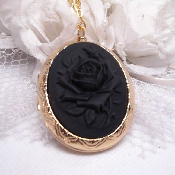 Spell Black Gothic Mourning Rose Cameo Locket Necklace birthday gift wedding - Picture 4 of 8